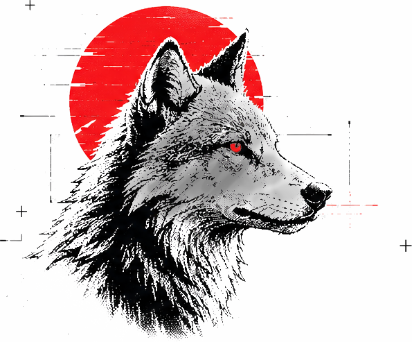 Ink illustration of a wolf against a red rising sun